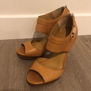 Coach tan leather open toe heels